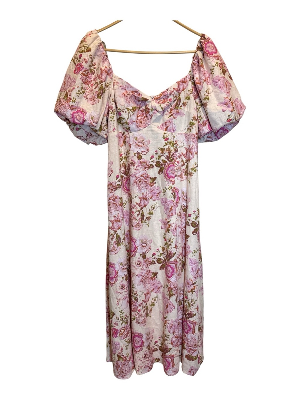 Avec Les Filles Pink Floral Twist Bodice Midi Dress Linen Blend Sweetheart Neck